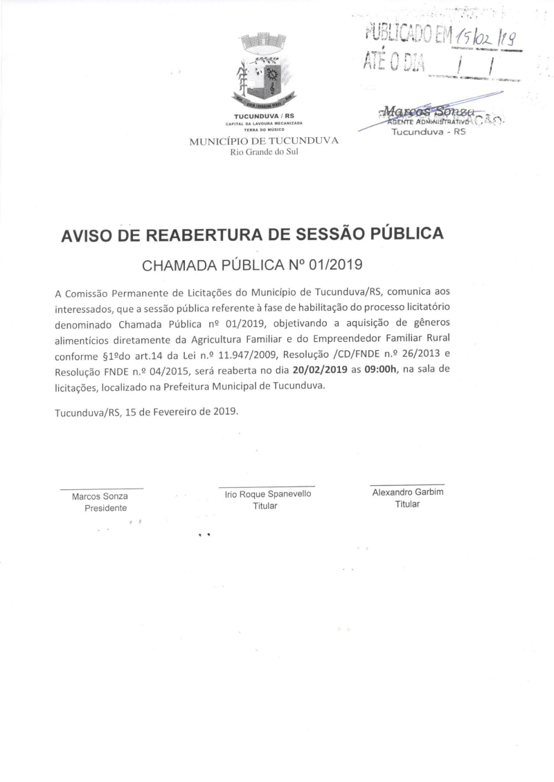 AVISO DE REABERTURA DE SESSÃO PÚBLICA - CHAMADA PÚBLICA Nº 01_2019